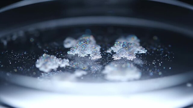 Close-Up of Sparkling Microscopic Crystal Formation Underneath Fluid Against a Dark Backdrop