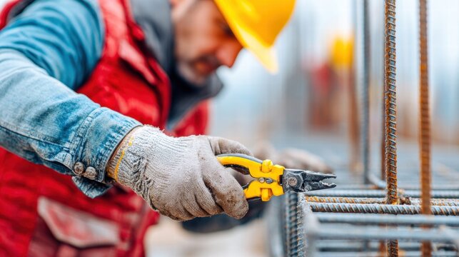 Construction worker working with metal bars on a building site wearing safety equipment.