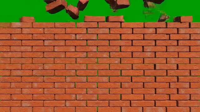 Bricks falling and building a wall on green screen