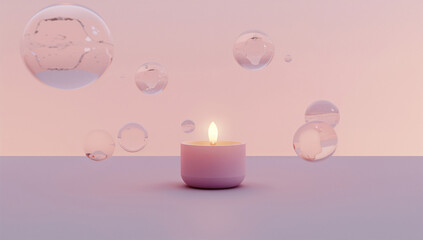 淡いグラデ背景に浮かぶ泡とキャンドルのマインドフルネス表現