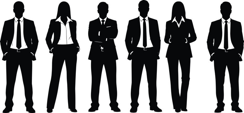 Group of business professionals in formal suits ties blazers standing together black silhouette vector illustration diverse men women isolated white background.