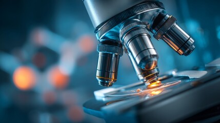 Advanced microscope in blue science medical technology laboratory background, close up of modern research equipment for healthcare innovation, biotechnology analysis, pharmaceutical development, and s
