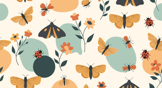 Seamless botanical pattern featuring various types of moths colorful flowers and abstract circular shapes on a light background.