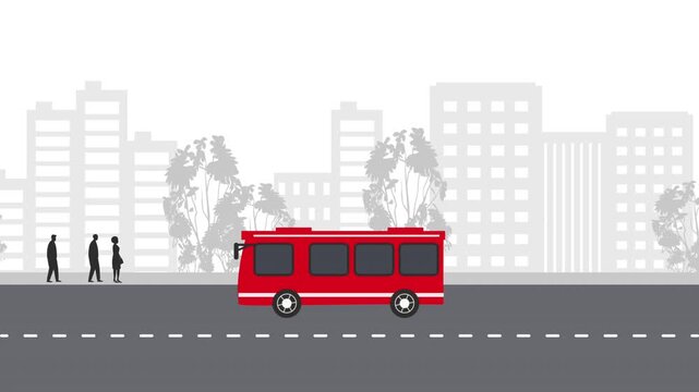 Public Transportation Animation. Red Bus Drives and Picks Up Passengers at Stops. City Street. Bus, People, Road, Buildings Silhouettes. Video in Gray, Black, Red, White