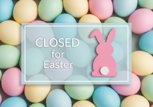 A sign that says closed for easter on a background of colorful eggs