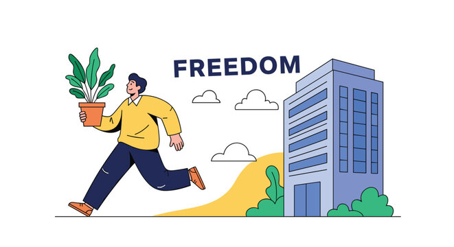 Happy man in a yellow sweater running away from a grey office building while carrying a potted green house plant.