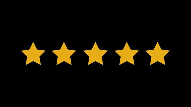 Animated five star rating on a back background. 5 stars rating the quality of product and service. 4k video animation