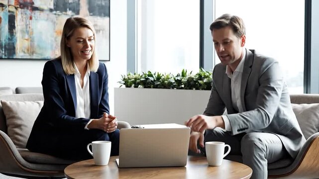 Two business colleagues discussing a project on a laptop in an office