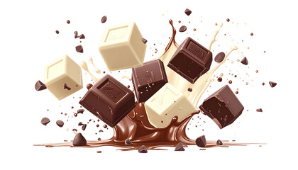 Chocolate cubes erupt from liquid, surrounded by splatters, on a black background
