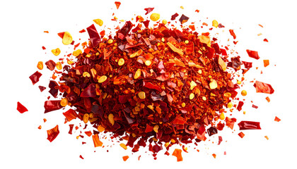 A close-up pile of bright red and orange crushed chili peppers against a black background