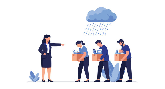 Group of sad employees walking away with boxes of their things under a rain cloud after being fired by a stern boss.