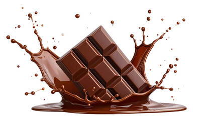 A chocolate bar erupts from a liquid swirl, creating a splash against a black backdrop