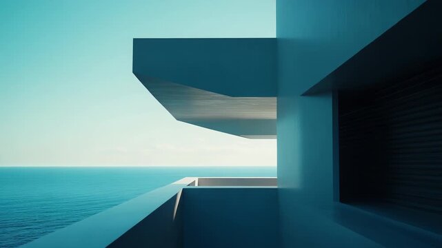 Minimalist architecture with sharp angles and clean lines creating a serene outlook to the vast, calm waters and clear sky, conveying a sense of peace and modern living