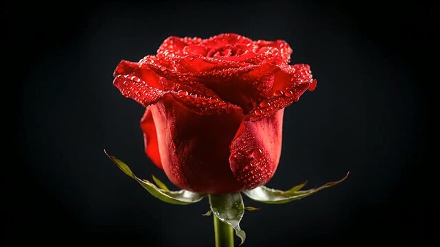 Red rose with dew drops on petals