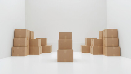 Obraz premium 整った余白の白い部屋に引っ越し段ボールを規則的に積んだミニマル写真