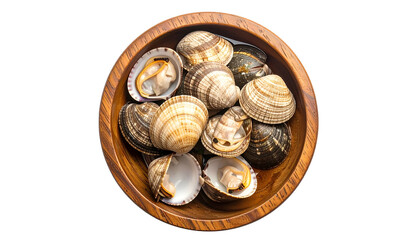 Overhead view of a wooden bowl filled with various bivalve mollusks, some open