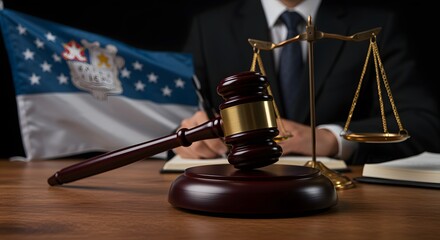 Law and Justice Concept with Gavel, Scales, and National Flag