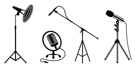 A variety of microphones and stands used for recording and broadcasting Vector © RABBYMIA