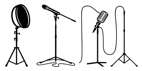 Three different types of microphones on stands for various audio recording purposes Vector © RABBYMIA