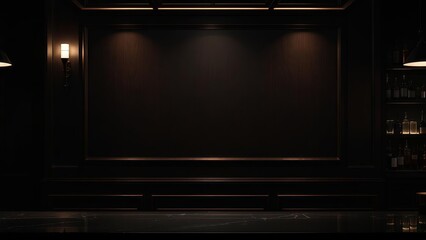 Obraz premium Empty Luxury Dark Wood Bar Counter with Elegant Lighting