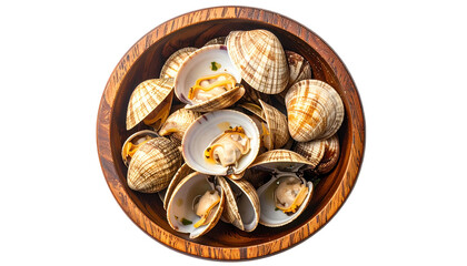 A wooden bowl overflowing with freshly cooked clams, top-down view, isolated on black