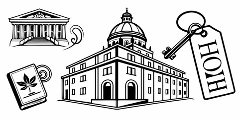 A detailed illustration of a courthouse with various legal symbols surrounding it Vector © RABBYMIA
