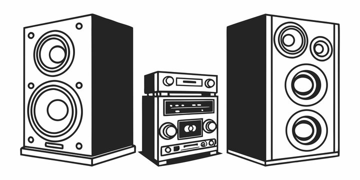 A vintage stereo system with two speakers and a tape deck in the middle Vector