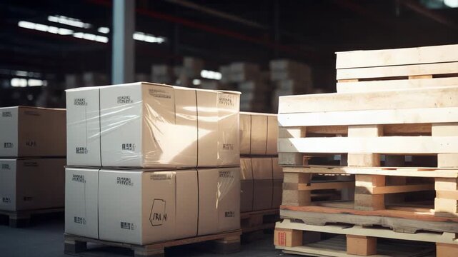 Stacks of wooden pallets and cardboard boxes filling a vast industrial warehouse, embodying the intricate logistics, storage, and supply chain management for goods and distribution