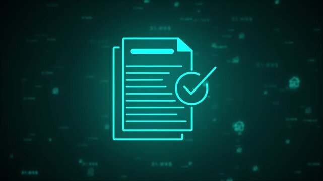 A glowing cyan line of a document with a prominent checkmark, signifying approval or completion, set against a dark teal abstract background with scattered financial data and symbols, representing