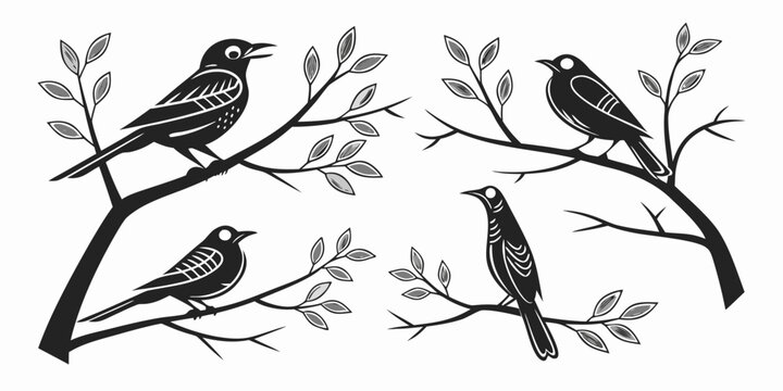 Four black birds perched on branches in a symmetrical arrangement Vector