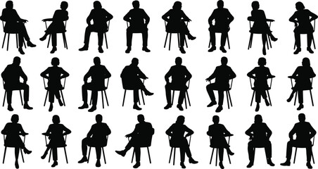 Seated people vector silhouettes, men and women sitting on chairs in various poses, casual body language and posture, black and white illustration set ©  Alexander Creations