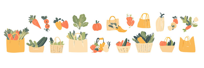 Fototapeta premium Flat minimalist vector illustration set of fresh organic vegetables and groceries in bags and baskets with carrots, cucumbers, pumpkins, peppers, and leafy greens for healthy food shopping concept