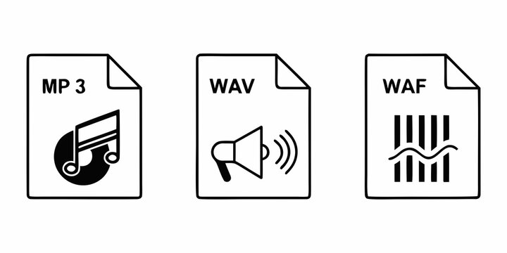 Icons representing various audio file formats including mp3, wav, and waf Vector