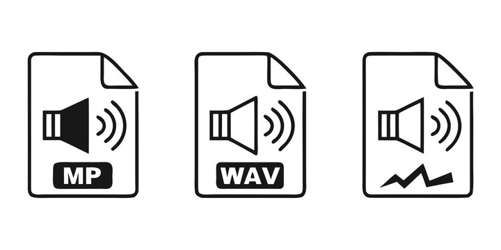 Audio file formats represented by icons with sound waves and speakers Vector
