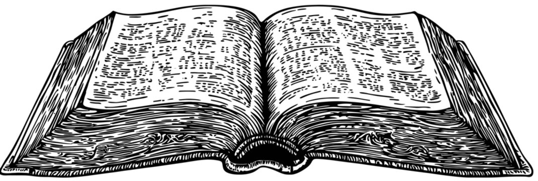 Open old book engraving black and white vintage illustration detailed pages and wooden texture isolated on white background flat vector drawing