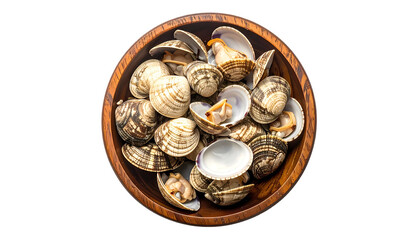 Close-up of a wooden bowl filled with fresh clams on a black background