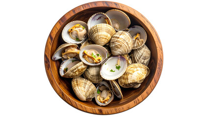 A wooden bowl overflowing with fresh, cooked clams on a black background