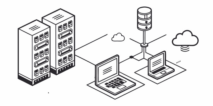 Illustration of a network connecting two computers to a server and a cloud. Vector