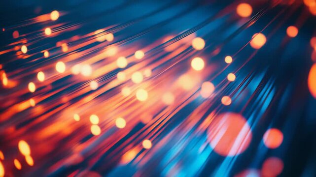 Fiber optic strands creating an abstract background, transmitting digital information and data with flowing light particles, symbolizing high speed technology and modern communication networks