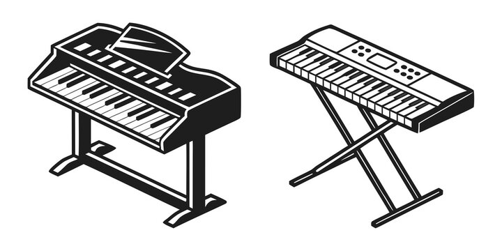 Two electronic keyboards on stands in a side by side comparison. Vector