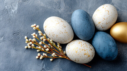 Obraz premium Sophisticated Easter backdrop with deep navy, white and gold eggs, and minimalist florals, perfect for upscale blogs and product launches.