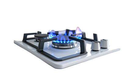 A lit, modern cooktop with bright blue flames, knobs, and a white, square surface