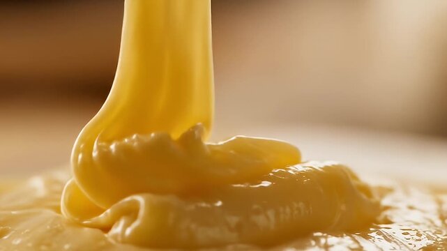 Thick, yellow, viscous liquid pours into a textured creamy pool, blurred background