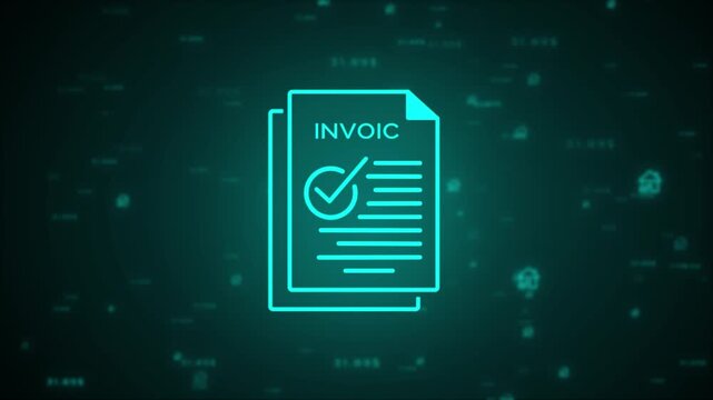 A glowing cyan line of an invoice document with a checkmark and the word INVOIC, indicating a paid or processed bill, against a dark teal abstract background with scattered financial data and