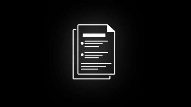 Minimalist white outline of a document with lines and dots, stacked on a stark black background, symbolizing a digital document, record, or data entry in a clean, high-contrast style