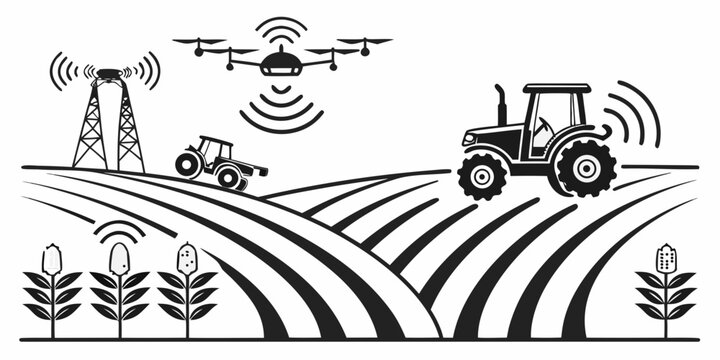 Agricultural innovation with drones and tractors in a modern farm setting Vector