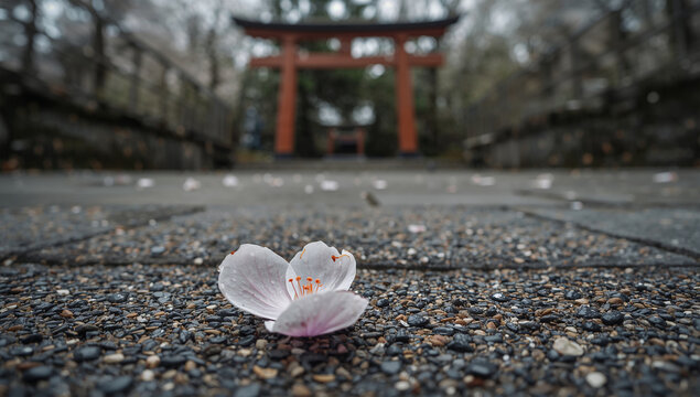 神社の参道の石に桜の花びらが残り絵馬の気配がぼける春の情景