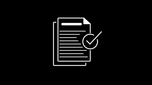 Simple white line representing stacked documents with a checkmark symbol indicating completion or approval against a solid black background, digital interfaces and conceptual representations of tasks