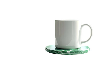 A white ceramic mug sits on a green marble coaster against a black background