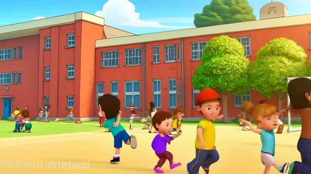 Animated schoolyard scene with children playing on a sunny day